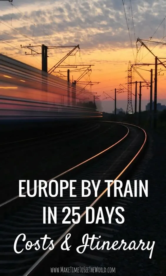 Europe by Train in 25 Days: Costs & Itinerary pin image of train on a track at sunset with text overlay