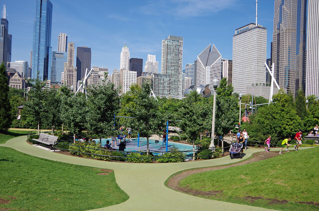 Maggie Daley Park with the Chicago skyline in the background