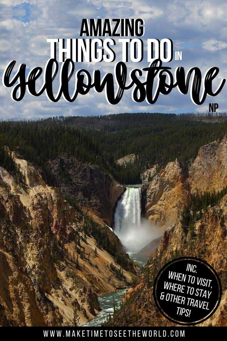 Waterfall in Yellowstone surrounded by fir trees with text overlay "Amazing things to do in Yellowstone NP"