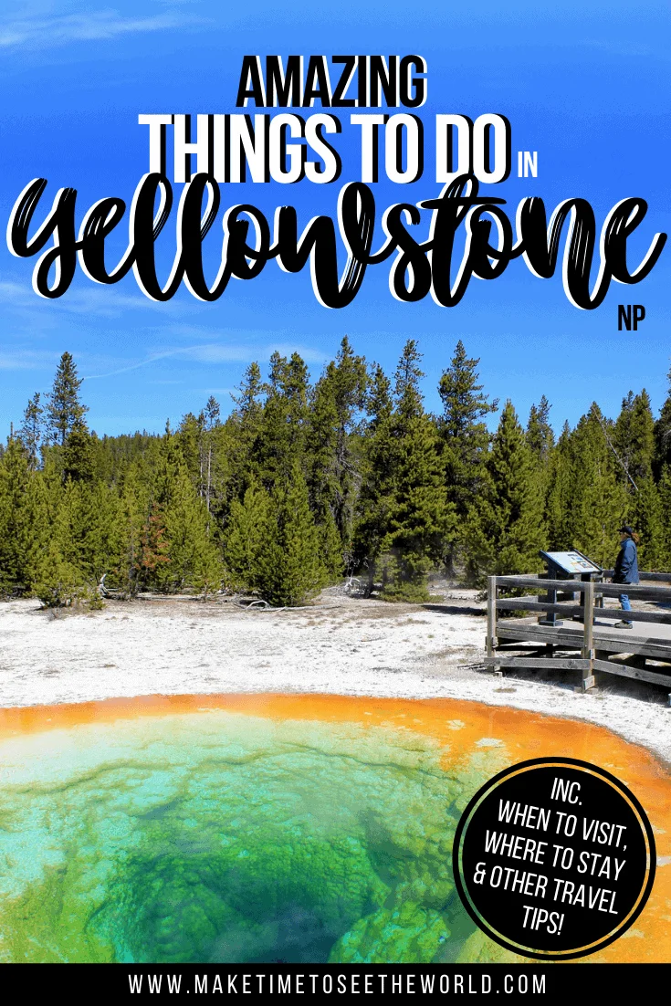 Gyser in Yellowstone NP with fir trees behind and a wooden viewing platform on the right with text overlay "Amazing things to do in Yellowstone NP"