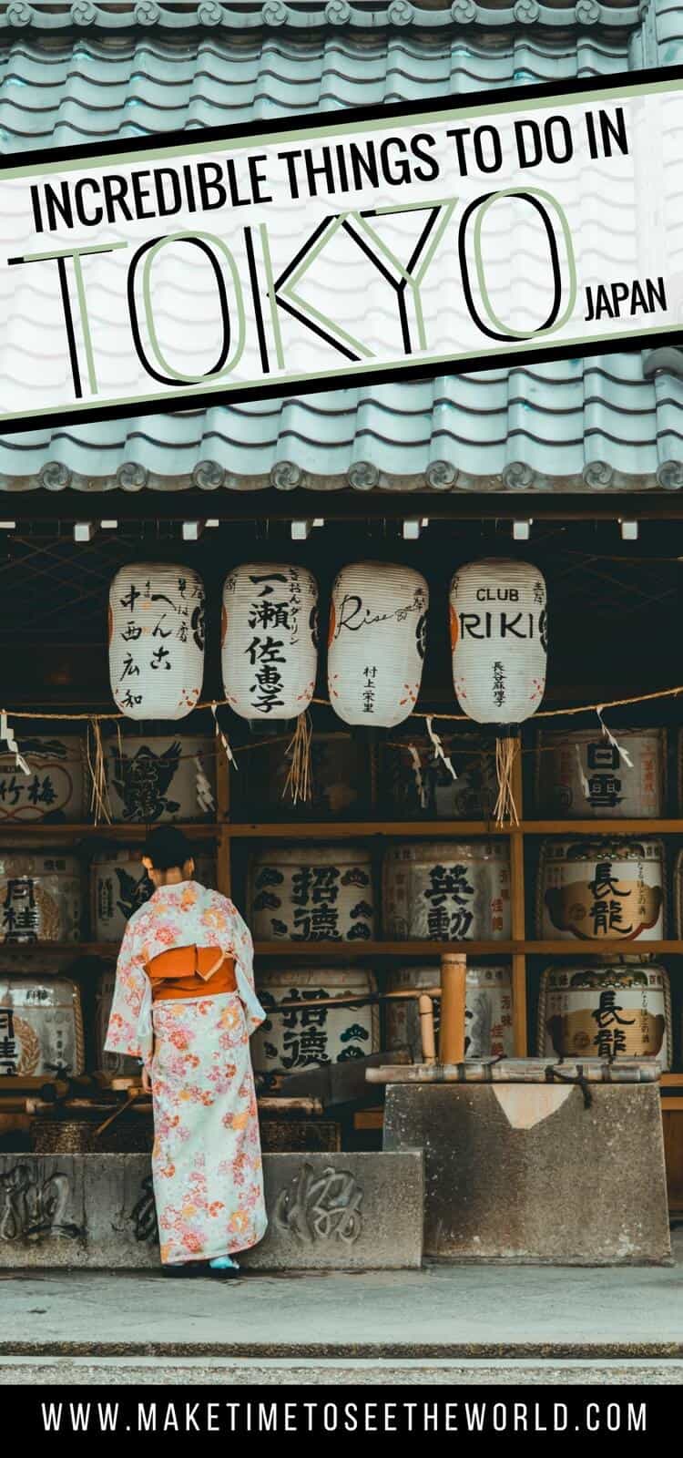 Things to do in Tokyo Japan lettering overlayed on an image of a geisha in front of a traditional lantern shop