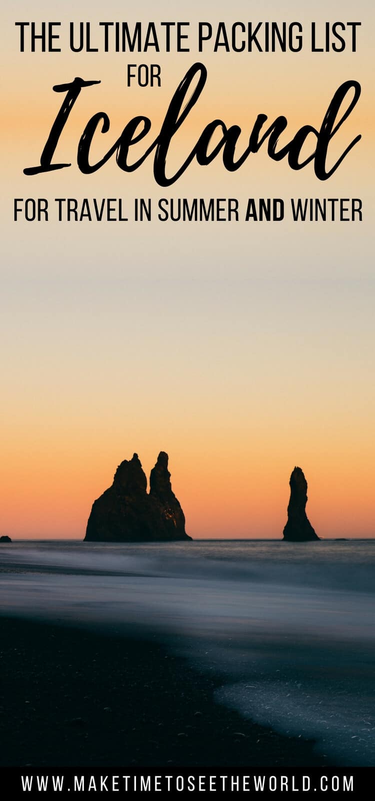Pin Image for What to Pack for Iceland with the black salat rocks in the ocean with text overlay