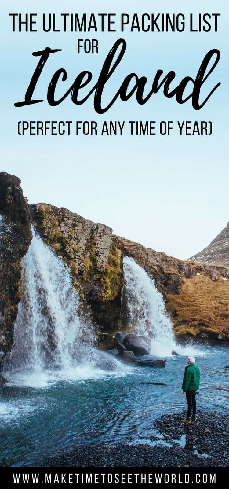 Pin for What to Pack for Iceland -Waterfall with a person standing at it's base wearing a green jacket