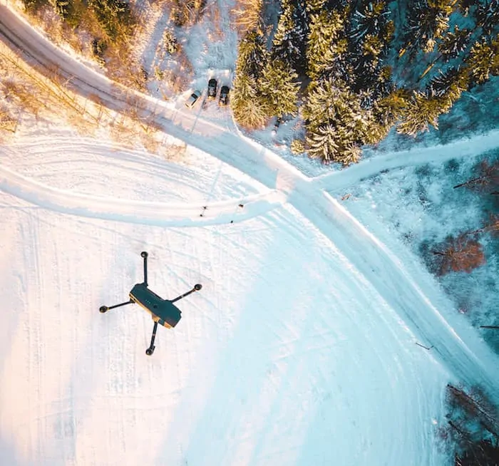 Drone above snowy scene