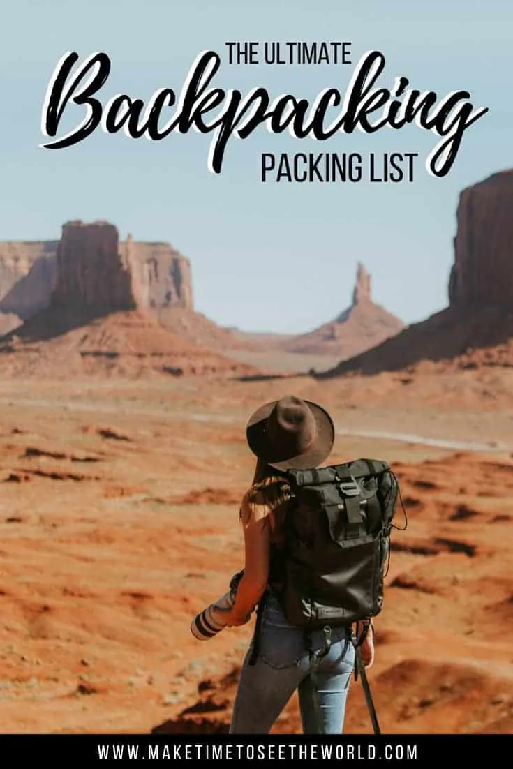 Backpacking Essentials Pin with Text Overlay and image of female backpacker looking out over Monument Valley