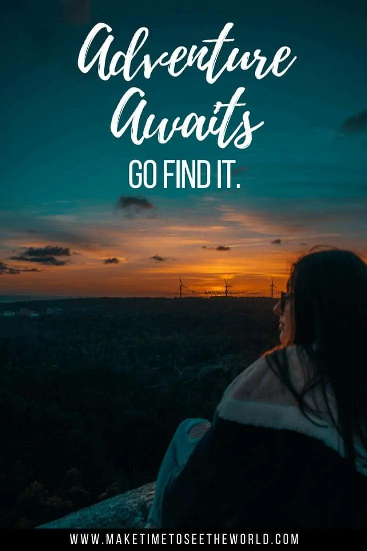 Adevnture Awaits. Go Find It - Adventure Quote pin image with woman looking out into a twilight sky and text overlay stating "Adventure Await. Go find it"