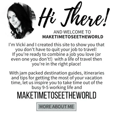 Text tile linking to the About Me page featuring a headshot of Vicki Garside and the following text: Hi There and Welcome to MakeTimeToSeeTheWorld - I'm Vicki and I created this site to show you that you don't have to quit your job to travel! If you're ready to combine a job you love (or even one you don't!) with a life of travel then you're in the right place! With jam packed destination guides, itineraries and tips for getting the most of your vacation time, let us inspire you to take time out of the busy 9-5 working life and MakeTimeToSeeTheWorld.