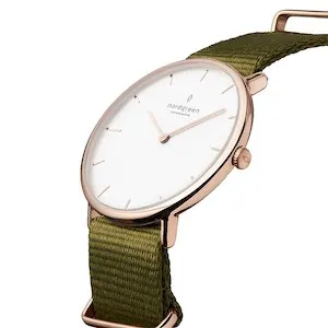 Olive green watch strag with gold hardware and watch face trim with a white watch face.
