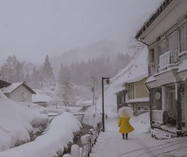 Man in Yellow coat with clear umbrella walking down a shony street next to a river in Ginzan Onsen