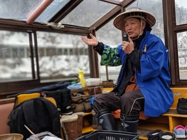 Capaign singing the river song on board a cruise down the Mogami River in Yamagata Prefecture