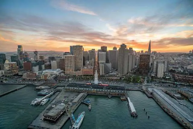 Aerial view of the Ferry Building and port in San Francisco