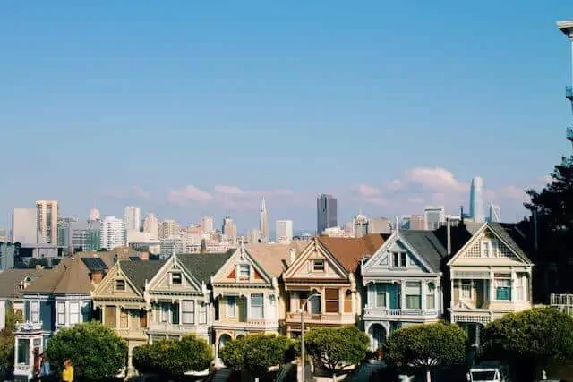 View of Painted Ladies in San Francisco with the city in the background