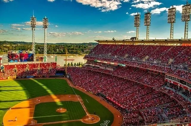 Great American Ballpark Cincinatti taken from the top level looking out over the stands to the right anf with the ballpark below