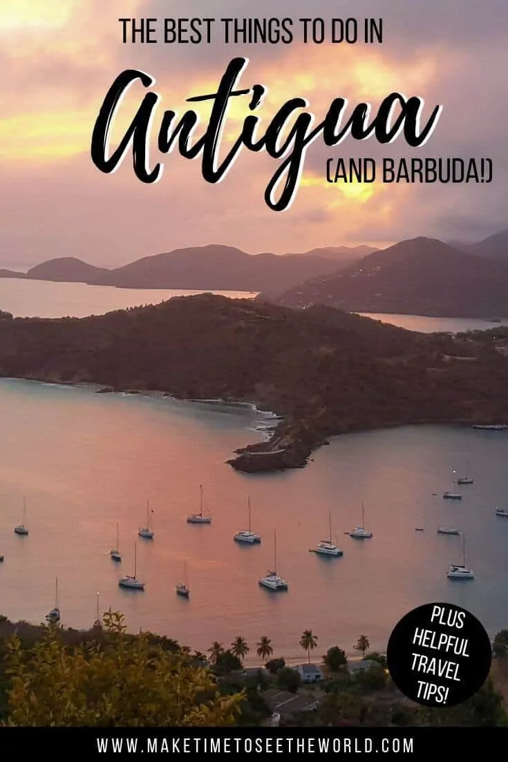 Top 20 Things to do in Antigua Pin image featuring a sunset from Shirley Heights overlooking English harbour