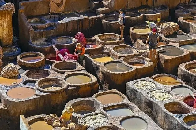 View looking down on the Tannery pits in Marrakech which are filled with different coloured dyes