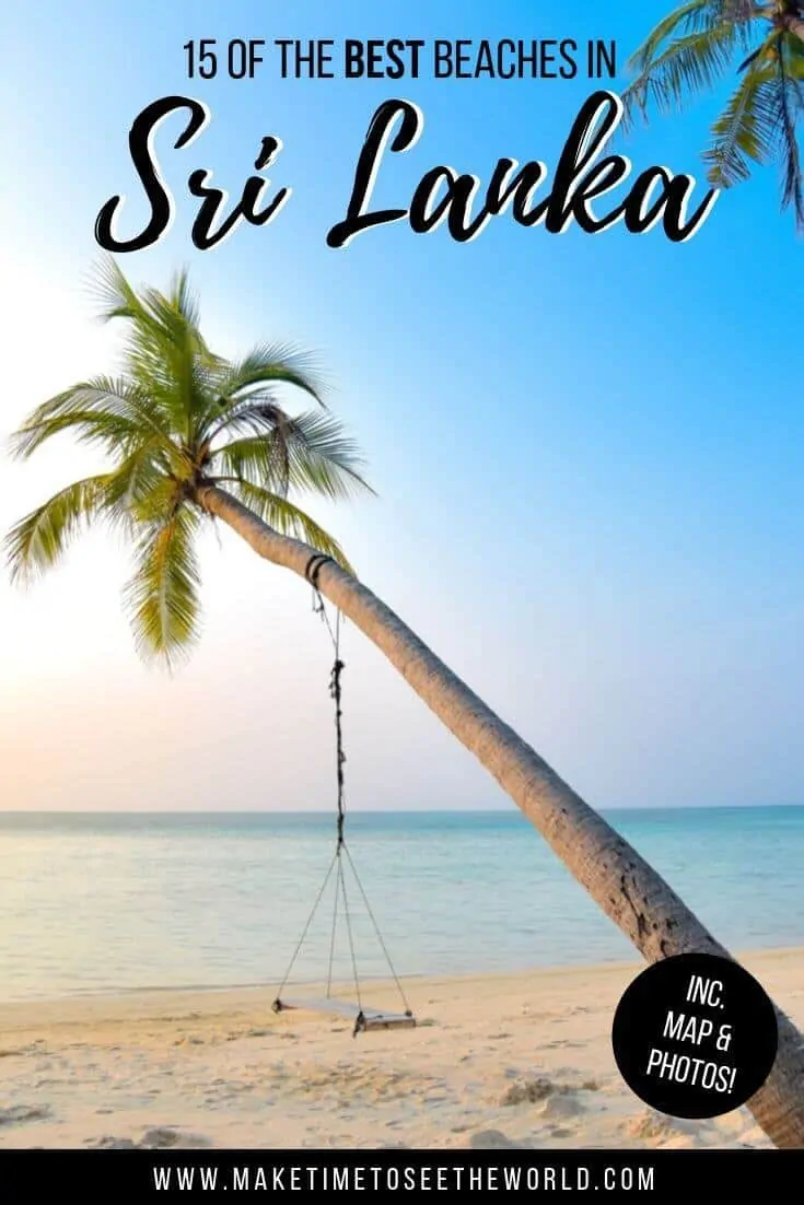The Best Beaches in Sri Lanka text overlayed on an image of a single palm tree pointing towards a flat blue ocean with a swing underneath and sand at the bottom of the image. In the bottom right corner is a black circle with white text stating 'plus map and photos too!'