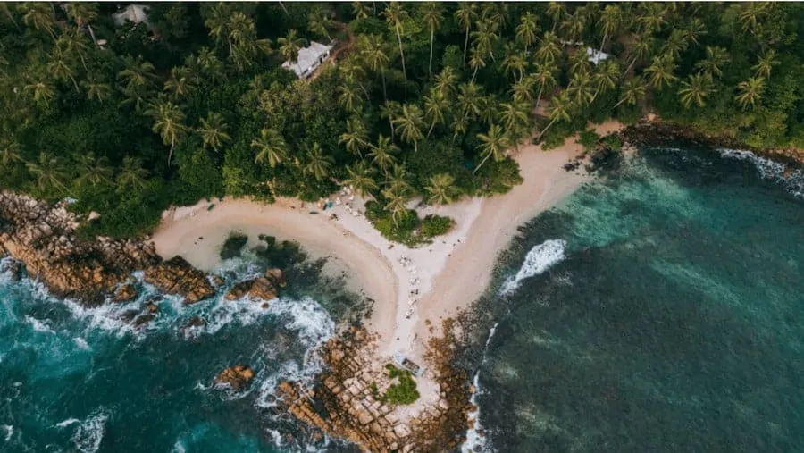Drone shot of Secret Beach in Sri Lanka - showing a wall of palm trees at the top of the image; the middle is a beach that stretches out to a rocky outcrop which is front and centre, with waves crashing either side of the outcrop