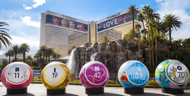 5 colourful 200lb Bingo Balls in front of the Mirage Hotel and Casino