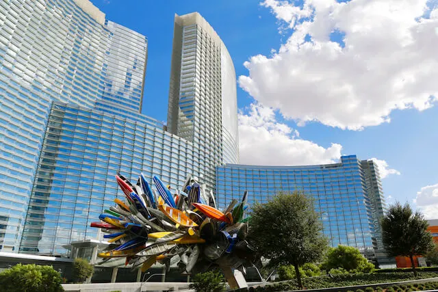Multicoloured spiked Fire art sculputre at the front of Aria Resort and Casino