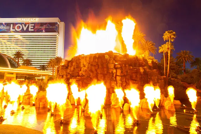 Volcano at the Mirage with flames rising from its center