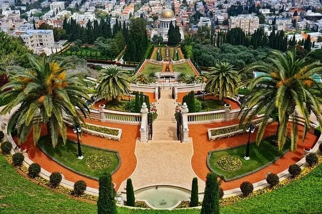 Looking down the steps through the center of the Baha'i Gardens in Haifa