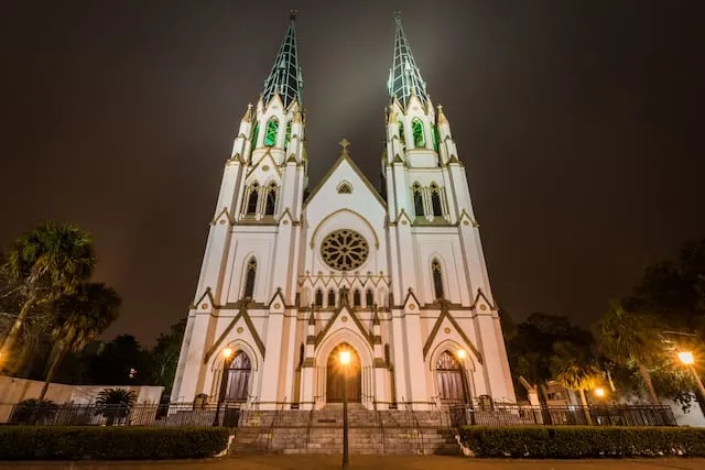 The Cathedral of St, John the Baptist Church at Night in Savannah, Georgia