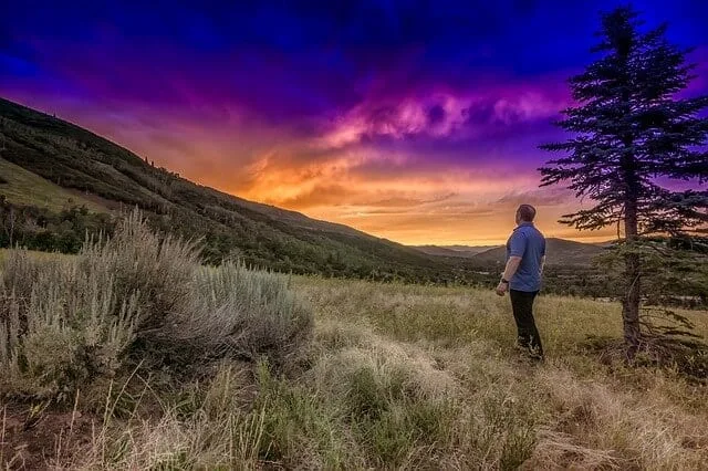 Man standing on green grass with mountains in the distance under a purple pink sunset sky