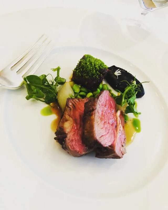 Fine Dining Steak Meal with veggies on a white plate