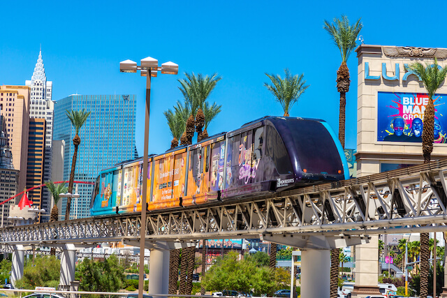 Monorail in Las Vegas on a track running past Luxor
