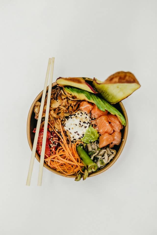 Poke Bowl with chopsticks from above
