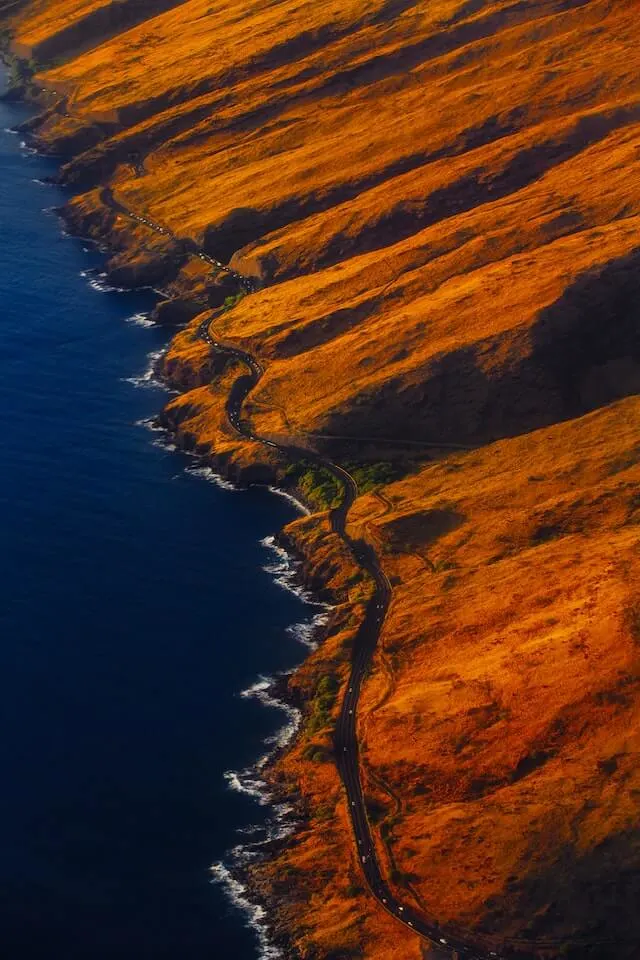 Winding coastal road on Maui from the air