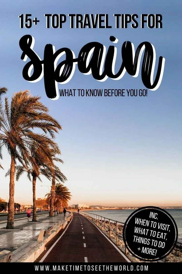 Pin image for 15+ Travel Tips for Spain featuring the ocean bordering a walkway fringed with palm trees