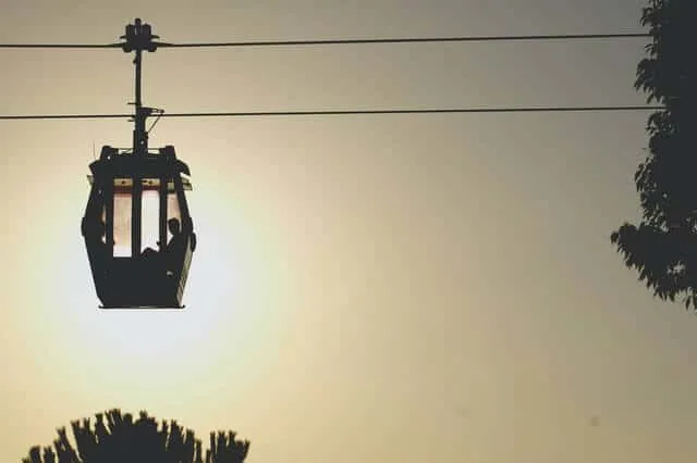 Cable Car above a plam tree backed by sunset in Barcelona