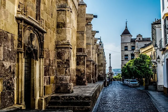 Gothic style buildings lining a cobblestone street in Cordoba Spain