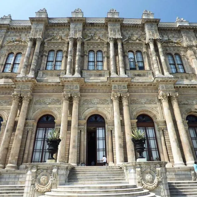 Impressive 7 story high facade of the white Dolmabahce Palace Istandbul Turkey