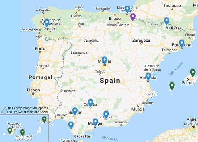 Map of the best places to visit in Spain with cities and islands marked
