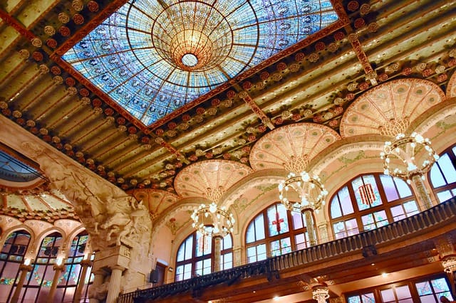 Domed, stained glass ceiling of the Palau de la Música Catalana (Palace of Catalan Music)