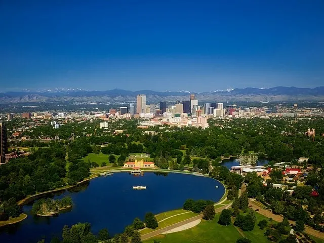 Sloan Lake from Aboe with Denver City in the background and the Rock Mountains in the distance behind the city