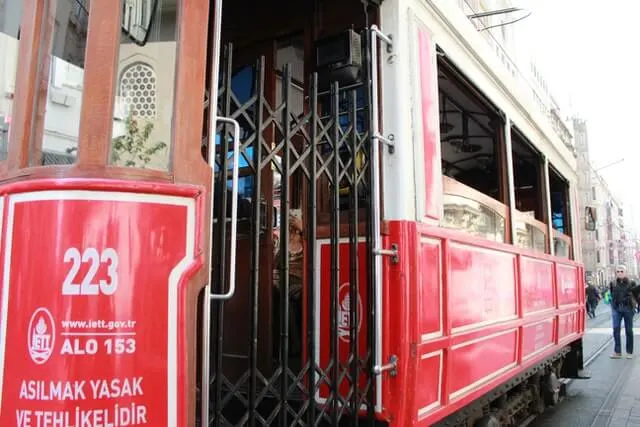 Close up shot of the traditional Red Tram with the door open in Istanbul