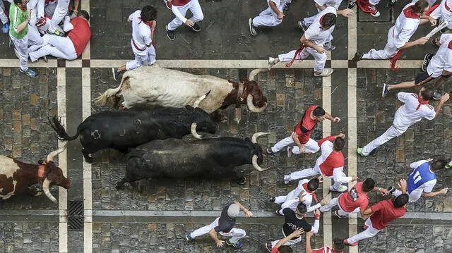 Top down shot of the Running of the bulls festival featuring two black horned bulls, and one white horned bull chasing multiple men dressed in white with red belts