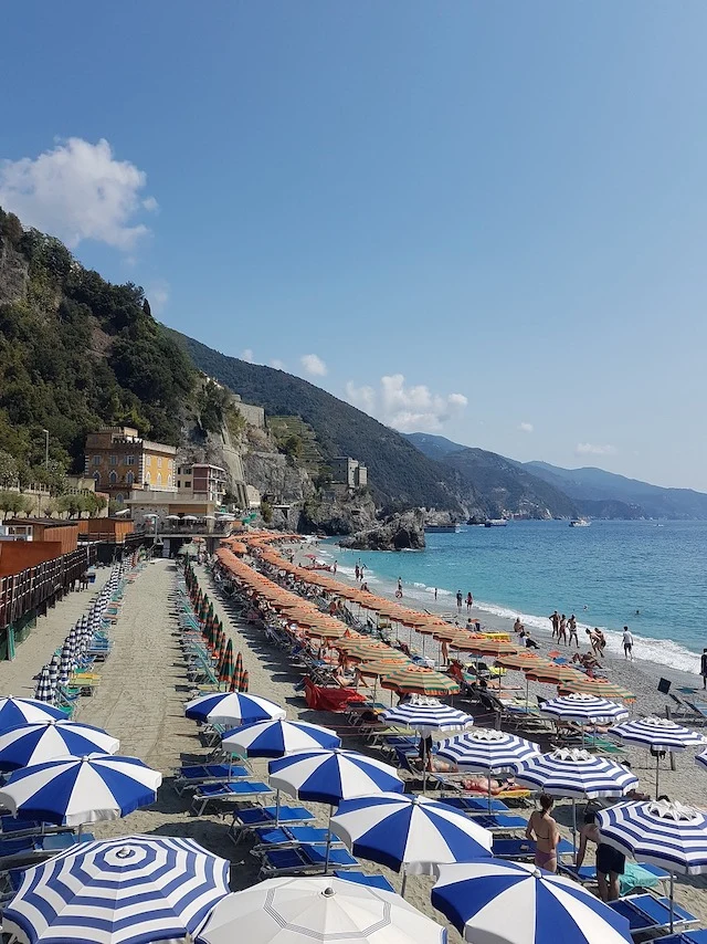 Beach at Monterosso with lined of clue and white beach umbrellas along the beach and parallel to the ocean