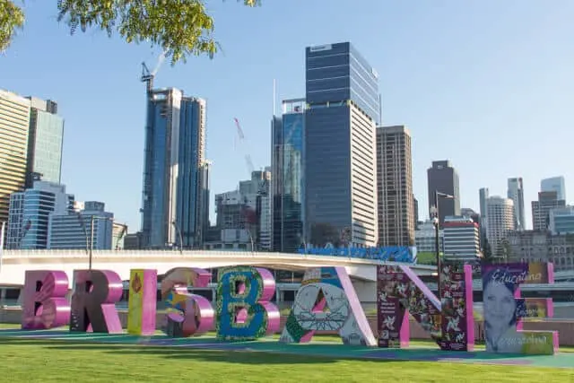 Colourful Brisbane Sign with the city skyline in the background