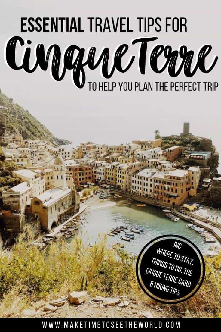 Pin image for Cinque Terre Travel Tips (Italy) with faded aerial image of Cinque Terra with text overland: Essential Travel Tips for Cinque Terre to help you plan the perfect trip