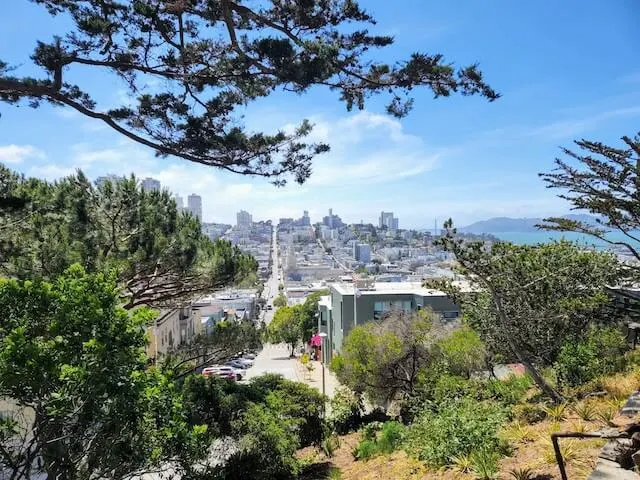 View from Coit Tower over San Francisco city, the Golden Gate Bridge in the background.