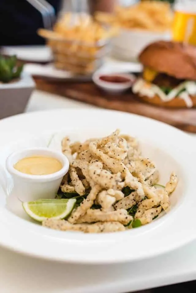 Bowl of crumbed calamri with a lime wedge and a ramekin of sauce in focus with a burger on a board next to a saucer of tomato sauce in the background not in focus