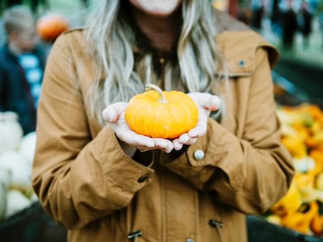 Woman holding a small pumpkin in outstreched hands in focus