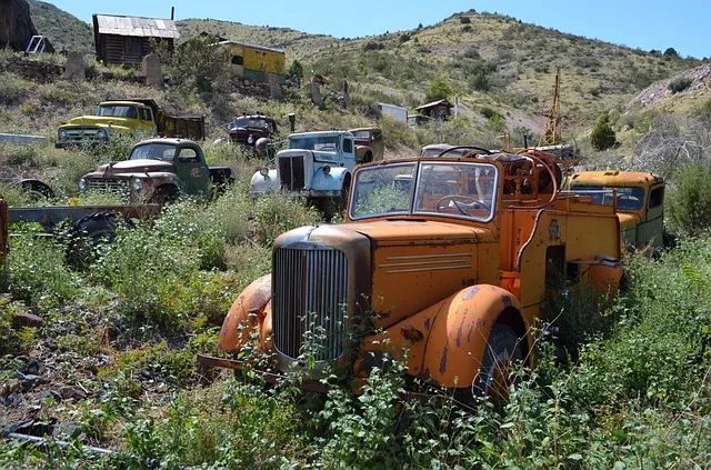 Rusted vintage cars in an overgrown field in Jerome Arizona