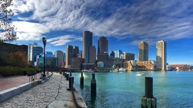 View of the Boston Skyline from the riverbank opposite