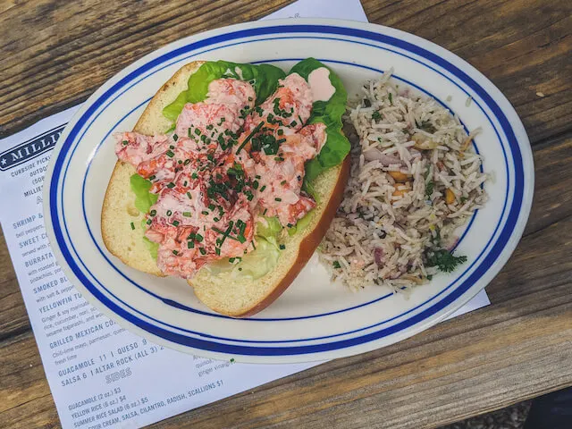 Prawn cockatil on lettuce on Rye Bread with a side of brown Rice at Millie's Restaurant