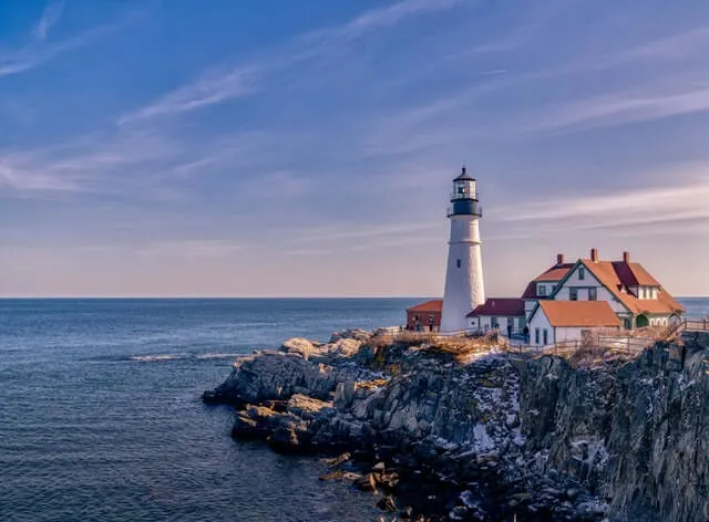 Lighthouse on a rocky outcrop in Portland Maine